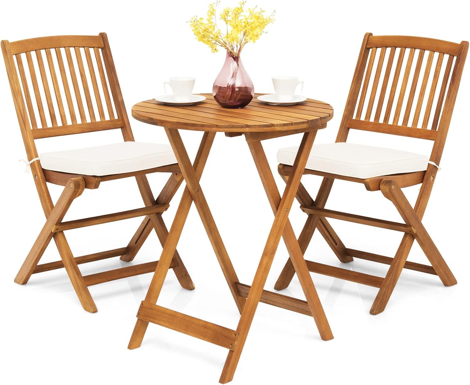 GIANTEX Salon de Jardin 2 Personnes en Bois d'Acacia – Table de Jardin Extérieur avec Chaise Plaintes, 2 Coussins Amovibles, pour Terrasse, Balcon