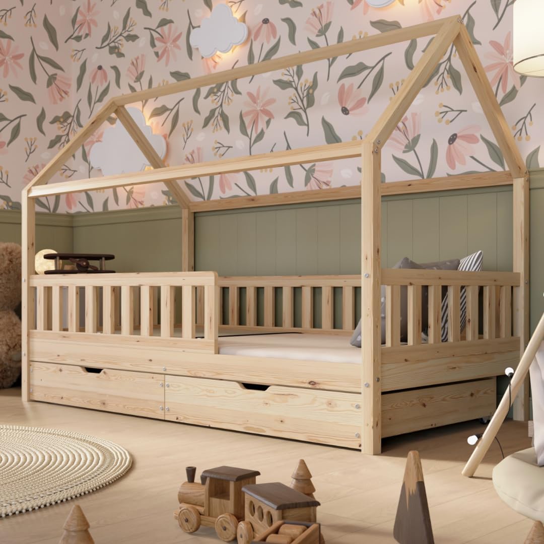 Crazy Blanco Lit de maison avec tiroirs – Crazy Pine, 90 x 190 cm, en bois naturel, avec protection anti-chute, design scandinave