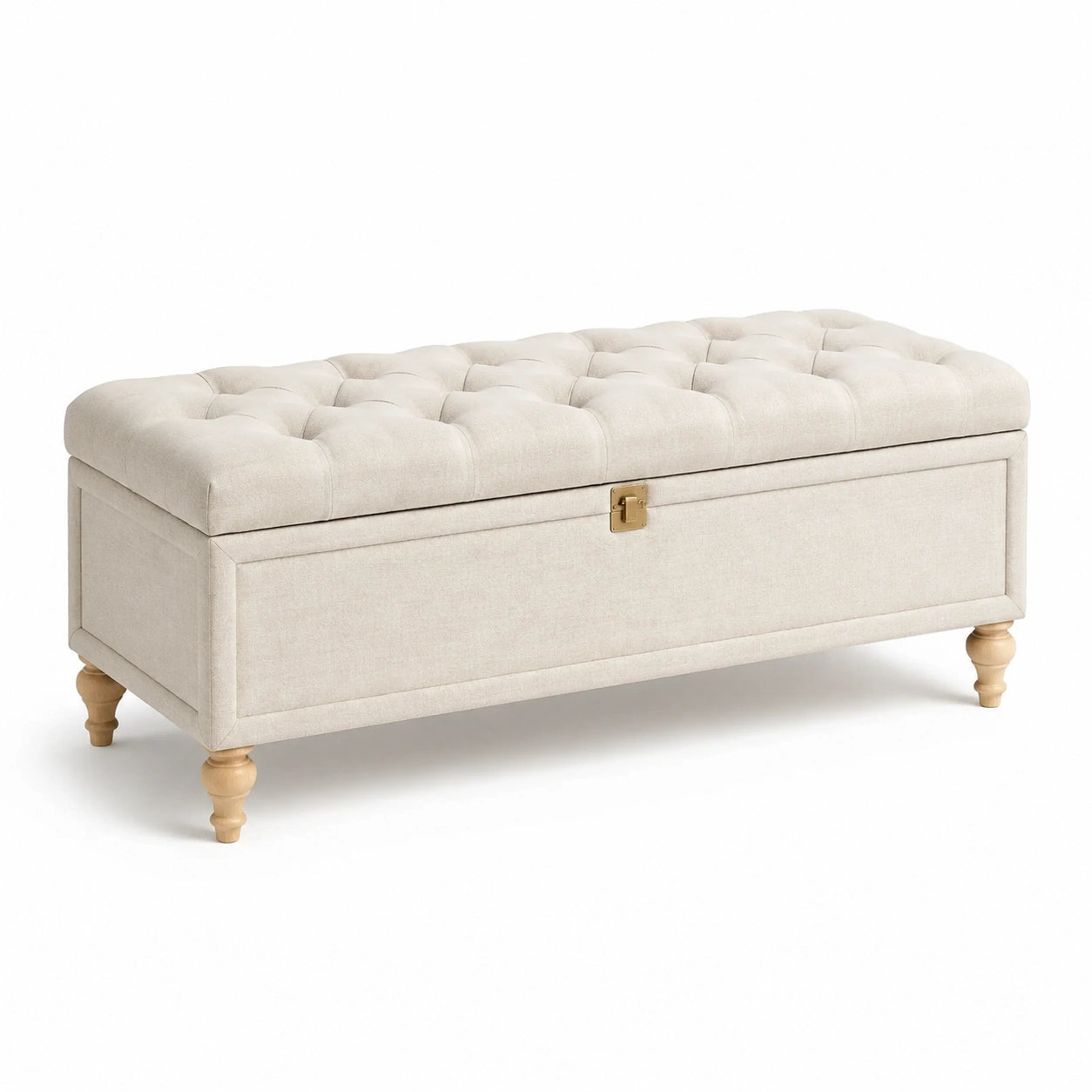 Banc de rangement en bois et tissu beige avec pieds tournés 120x40x45 cm