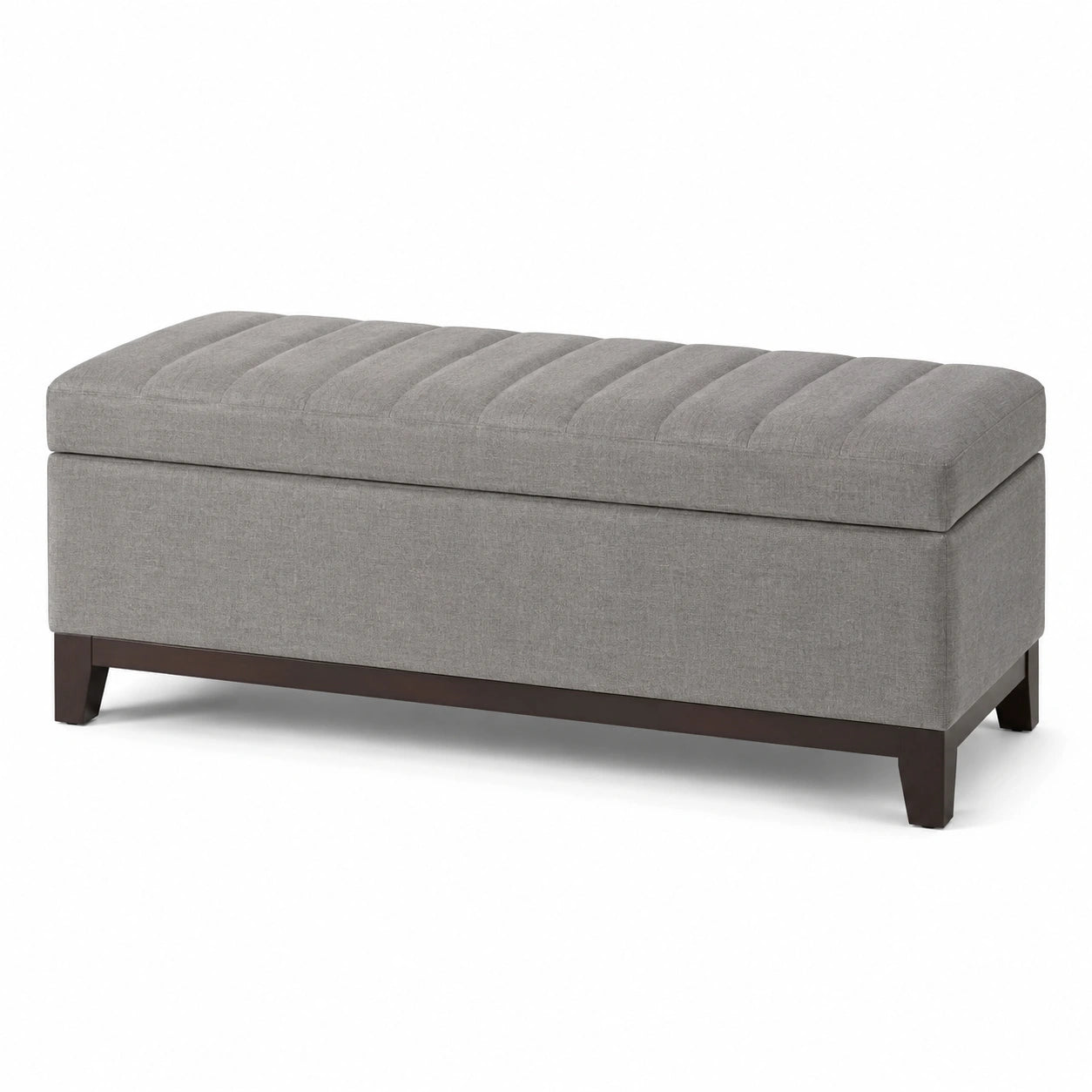 Banc de rangement en tissu gris avec pieds en bois