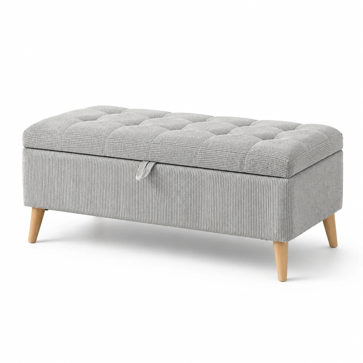 Banc de rangement en tissu côtelé gris avec pieds en bois