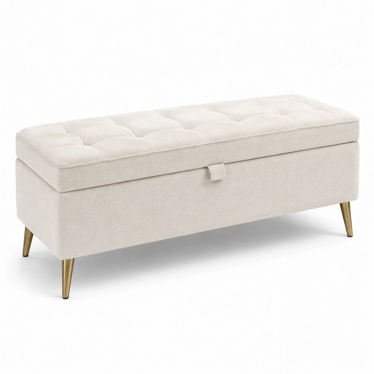 Banc de rangement en tissu polyester crème avec pieds en métal doré 120 cm