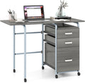 Bureau Pliable avec 3 Tiroirs – Bureaux, COSTWAY, Bureau à Domicile Roulant avec Cadre en Métal, Gris, Compact pour Dortoir