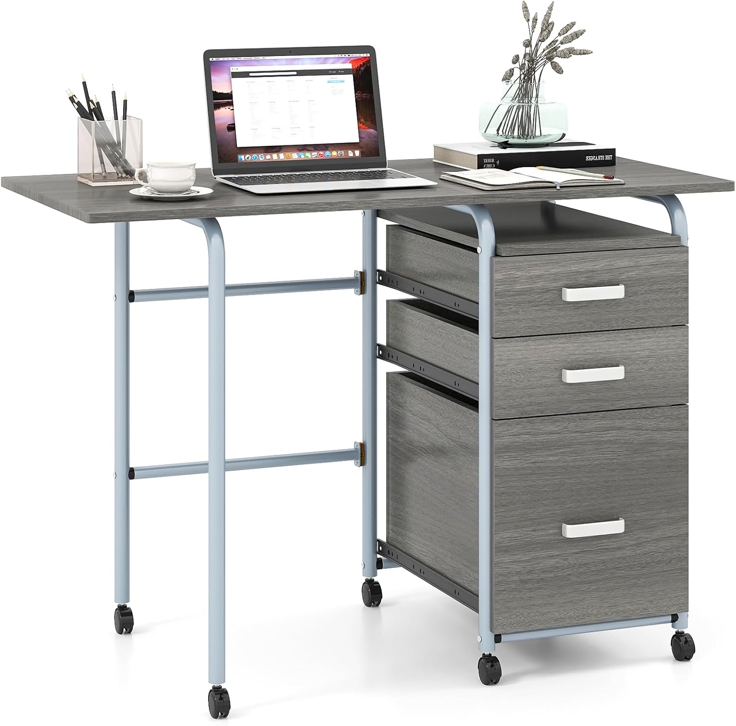 Bureau Pliable avec 3 Tiroirs – Bureaux, COSTWAY, Bureau à Domicile Roulant avec Cadre en Métal, Gris, Compact pour Dortoir