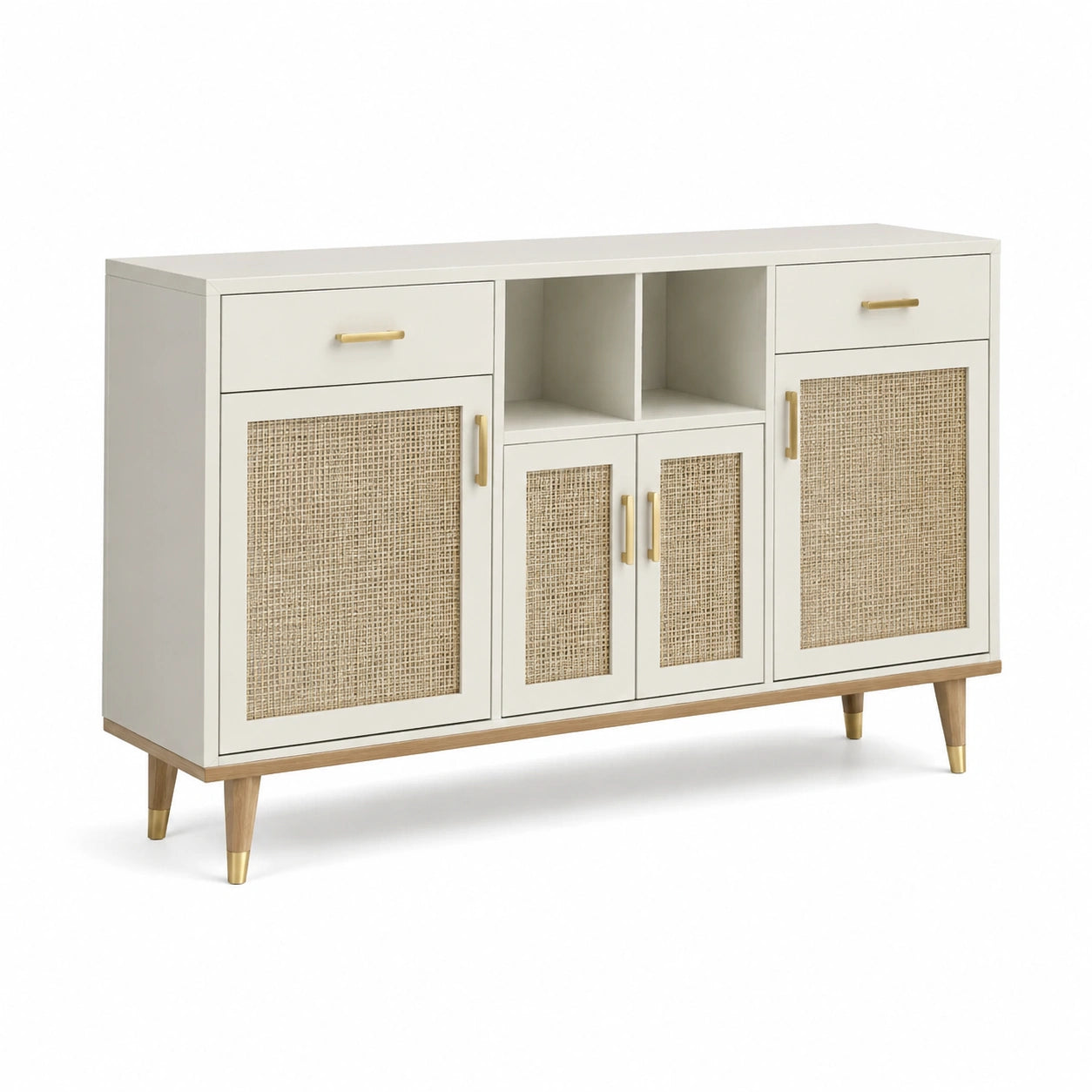 Buffet en bois et rotin blanc/beige 120x40x80cm