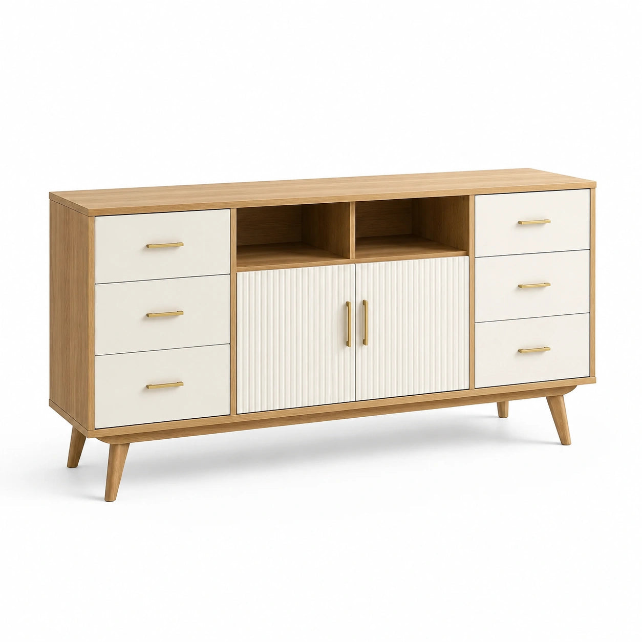 Buffet en bois et MDF chêne clair et blanc avec 6 tiroirs et 2 portes