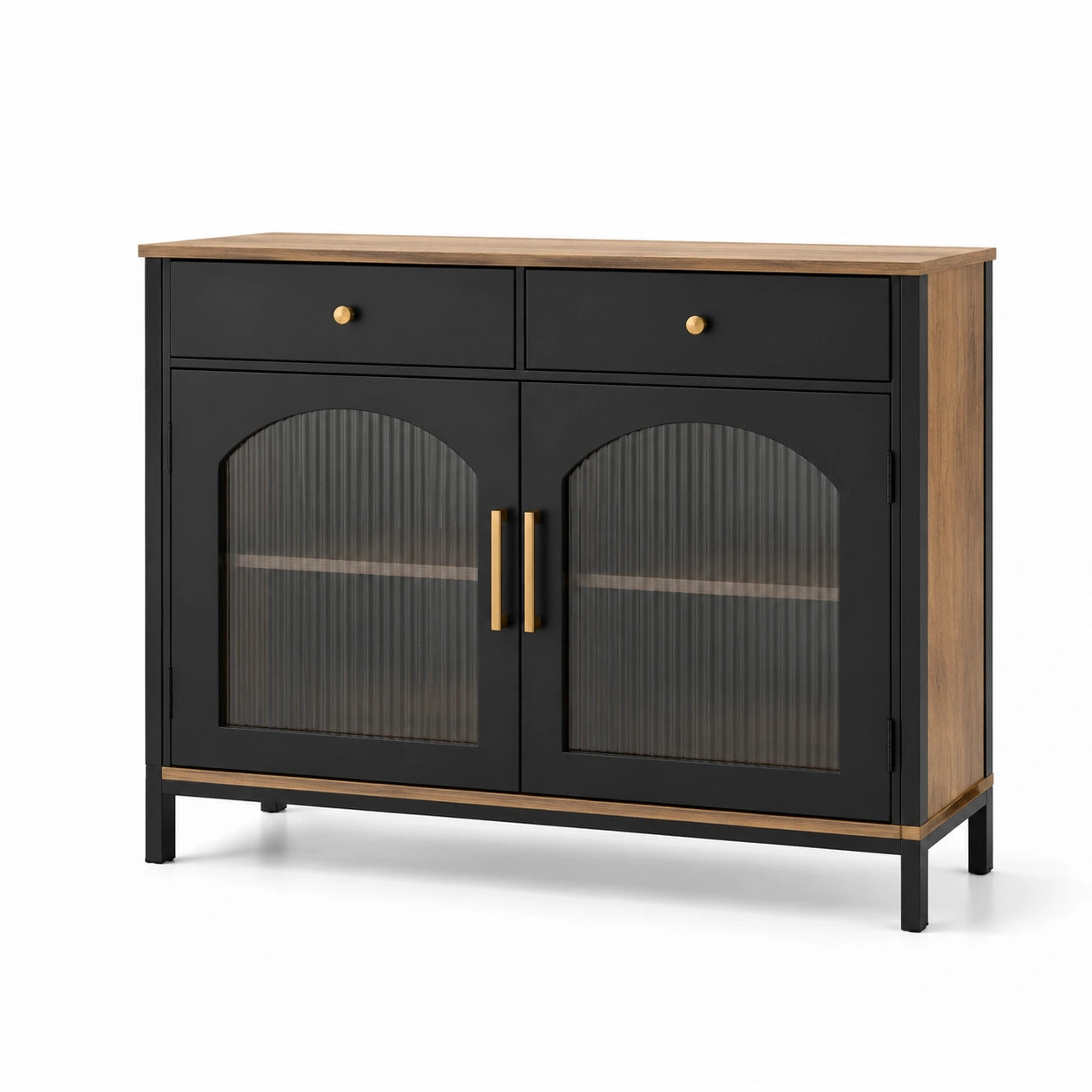 Buffet en bois et acier avec portes en verre rainuré