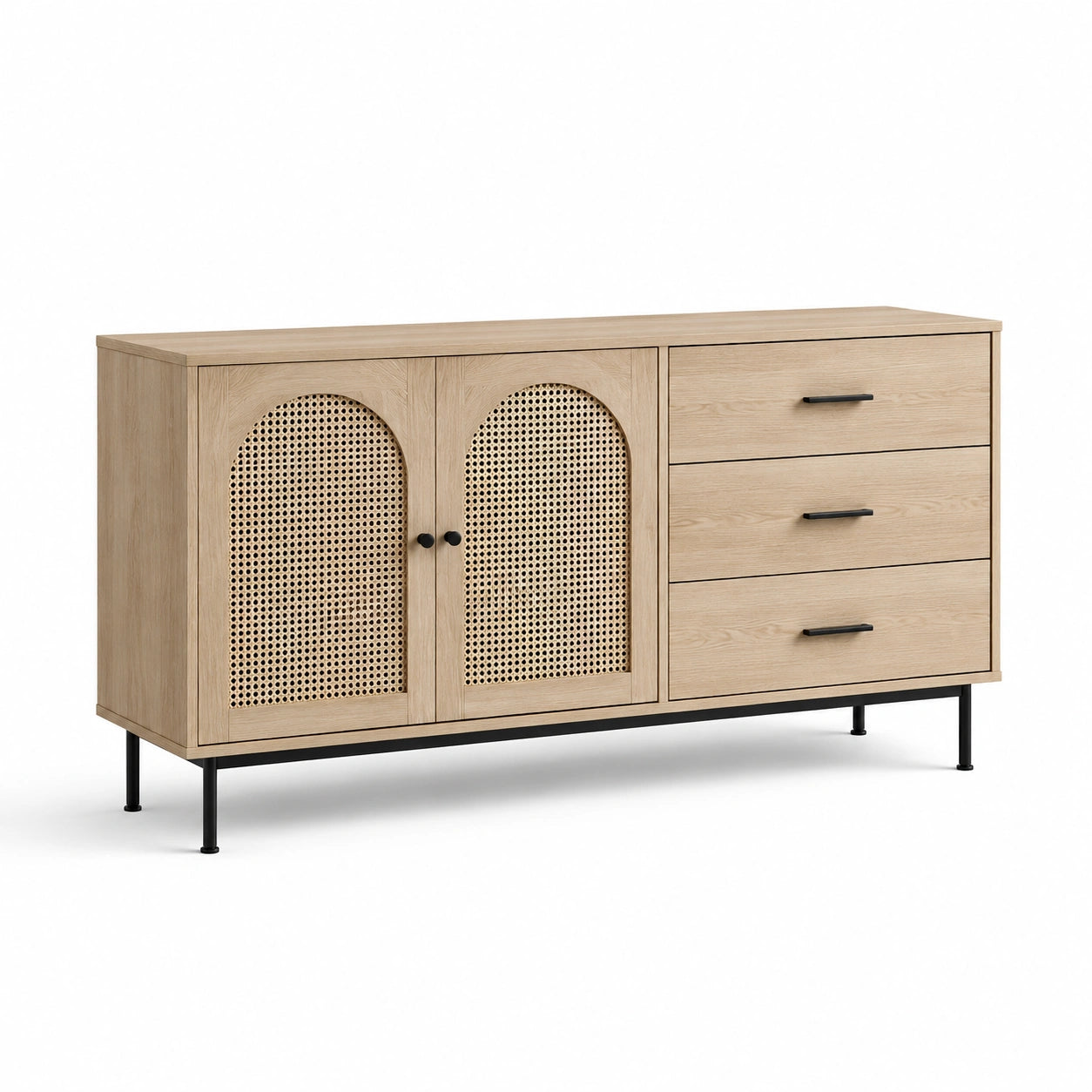 Buffet en bois et rotin avec trois tiroirs
