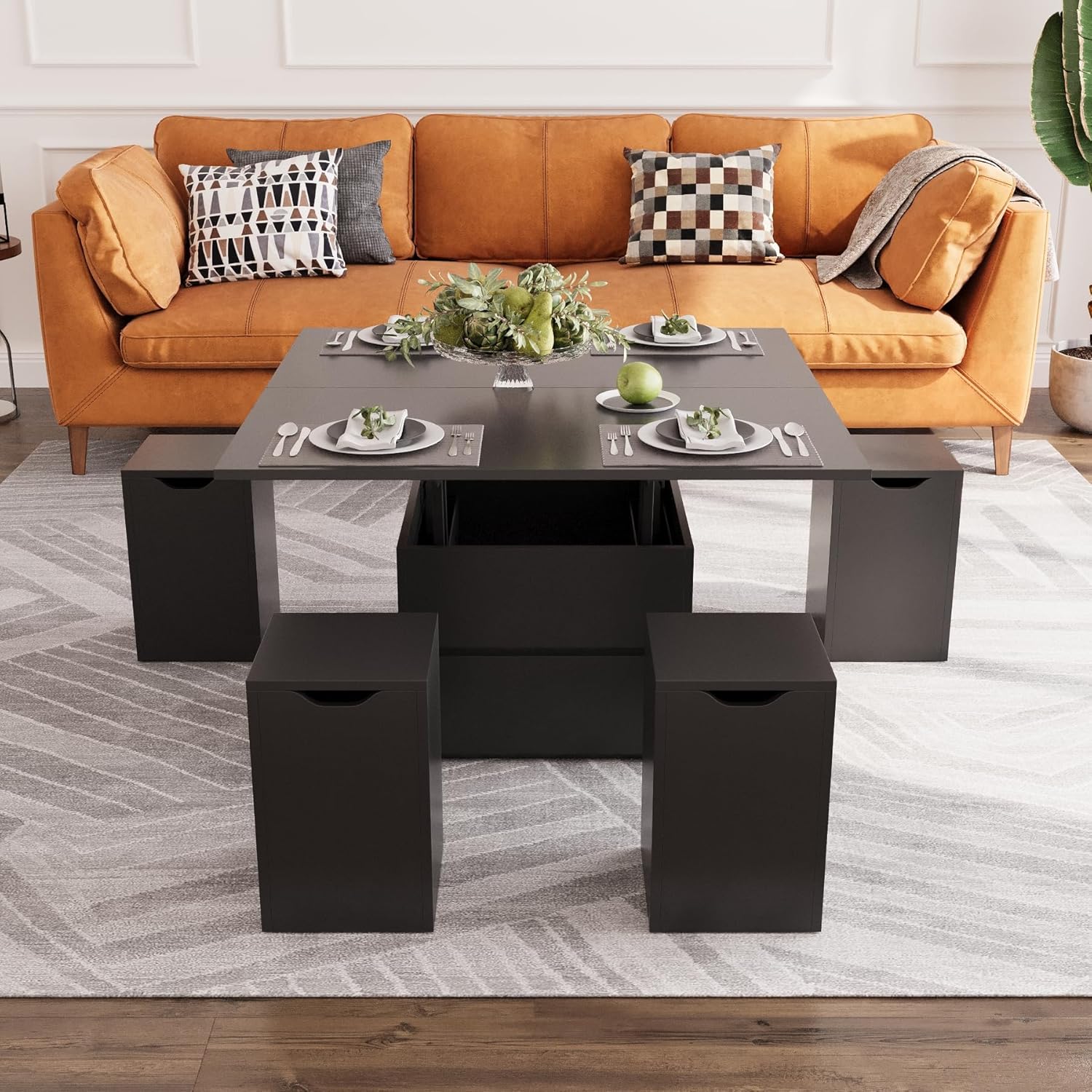 VOWNER Table Basse Relevable – avec Con 4 Tabourets, Table de Salon Multifonctionnelle 4 en 1, Noir, Plateau Relevable