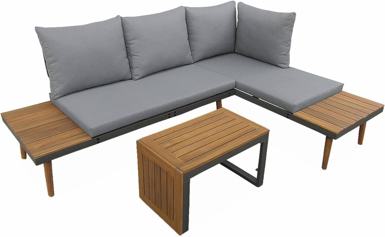 Salon de Jardin Anthracite et Gris modulable en Aluminium et Bois d'acacia. 4 Places. Sao – Ensemble salle à manger