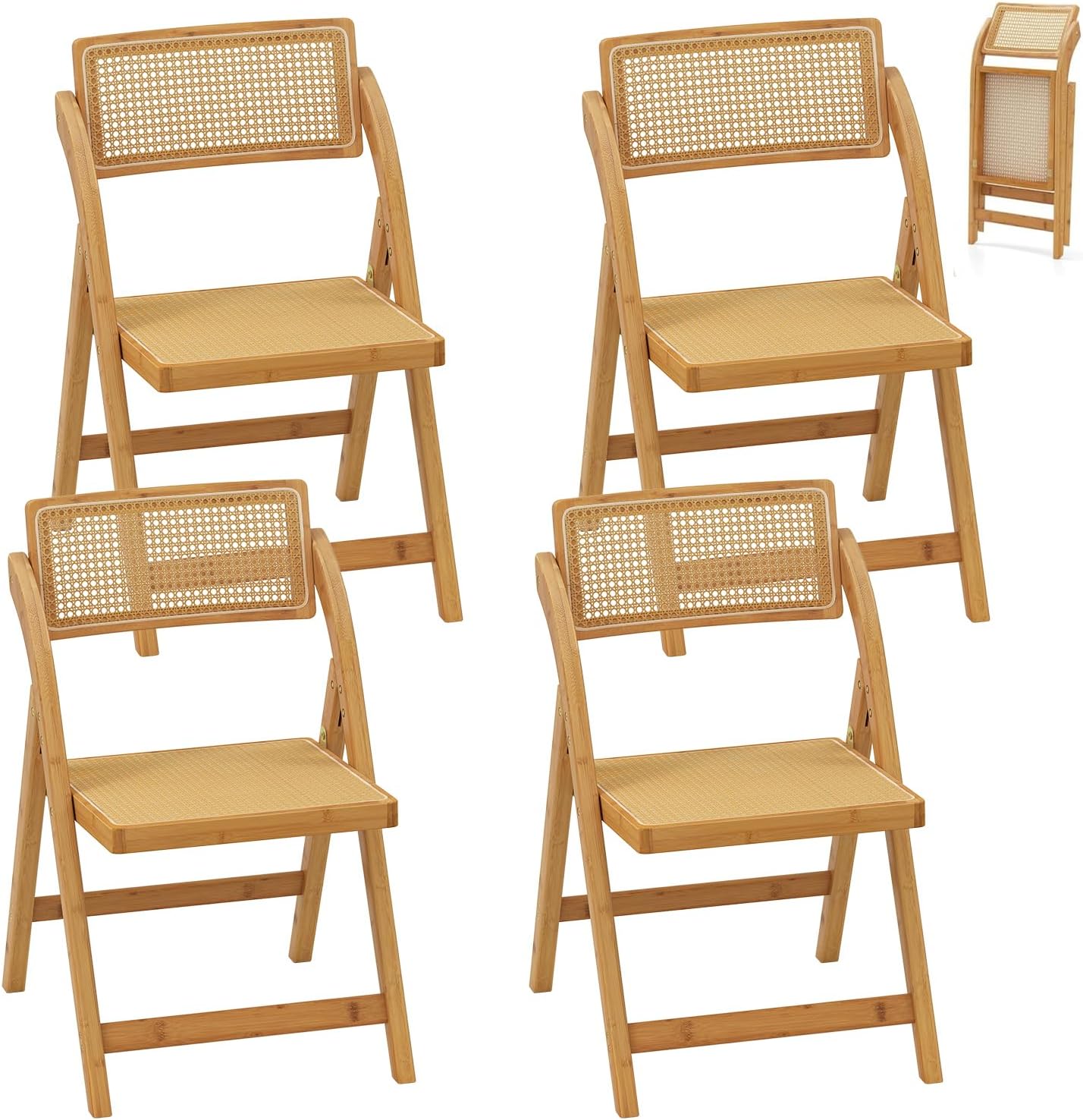 Chaises Rotin Salle à Manger avec Cadre en Bambou – Lot de 4 Chaise Pliante Bois – Chaises pliantes, RELAX4LIFE, Style Bohème