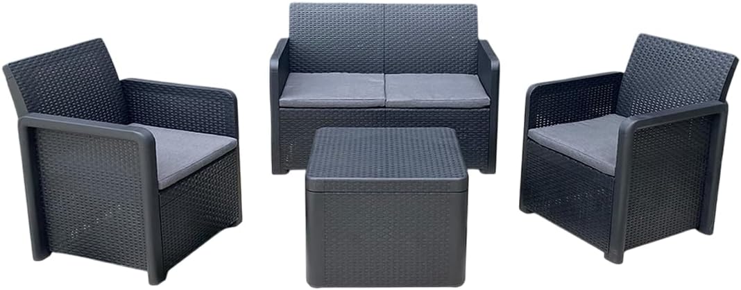 Salon Bas de Jardin de 4 Personnes Coloris Gris Anthracite (2 fauteuils – PEGANE, canapé, Table Basse Coffre