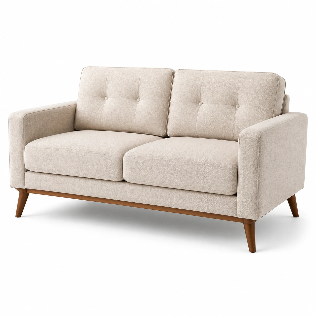 Canapé 2 places tissu lin beige pieds en bois de chêne