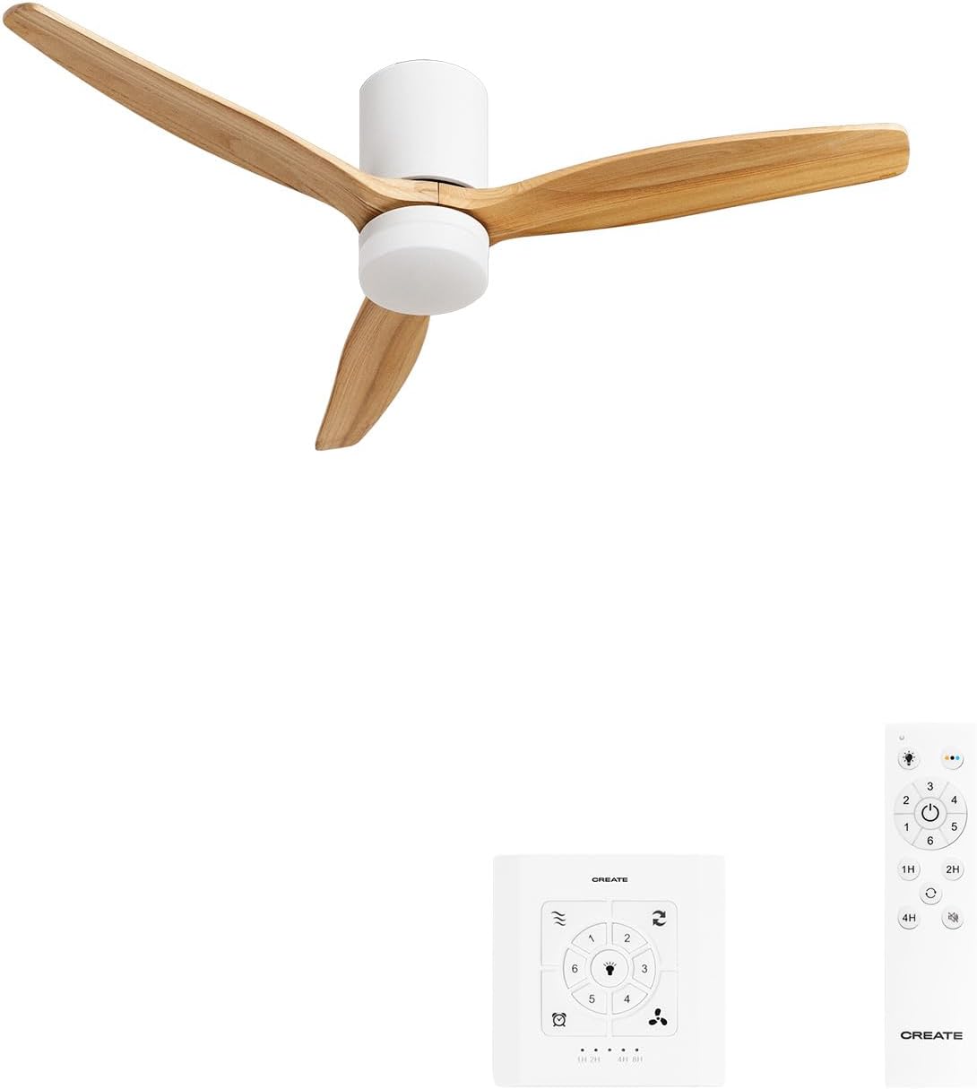 CREATE / WINDCALM CONCRETE/Ventilateur de plafond blanc bois clair avec contrôleur et télécommande / – lumière LED 3 températures, Ø132 cm