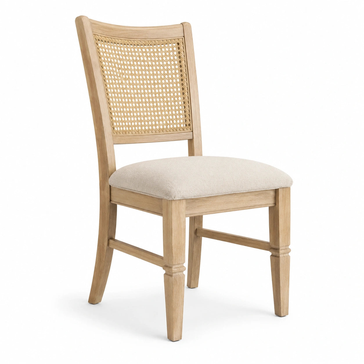 Chaise en bois de chêne avec dossier en rotin et assise en tissu polyester beige