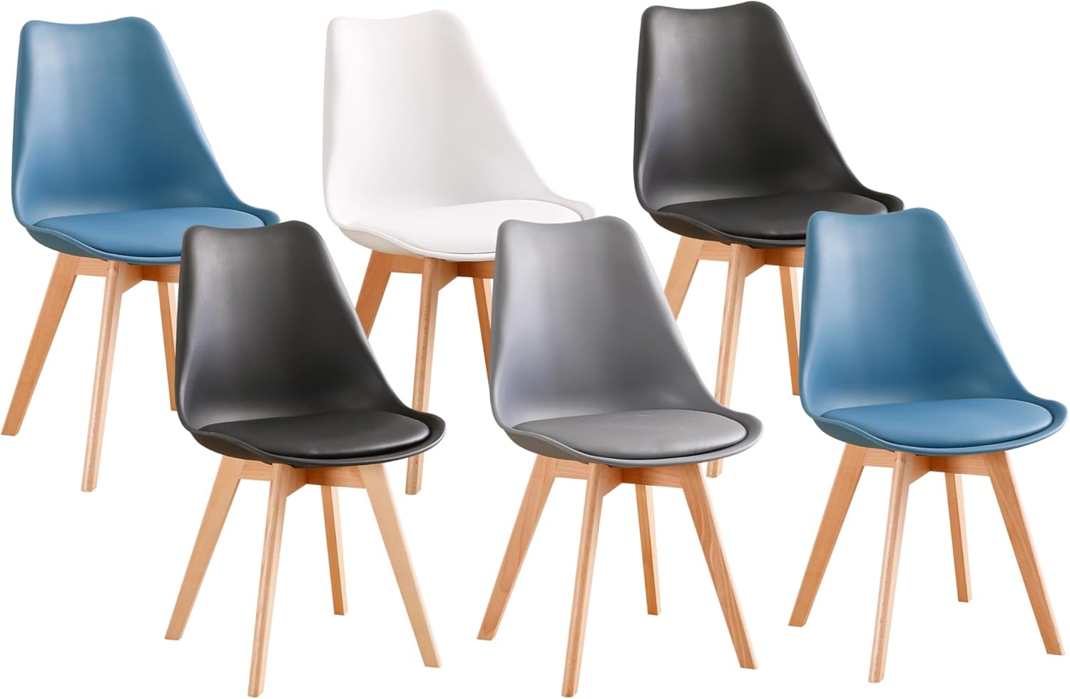 PEZ ROJO Lot de 6 Chaises Scandinaves – Noir x2, Bleu Canard x2, Mix Couleurs - Blanc, Gris, Pieds Bois de Hêtre Massif, Chaises Salle à Manger