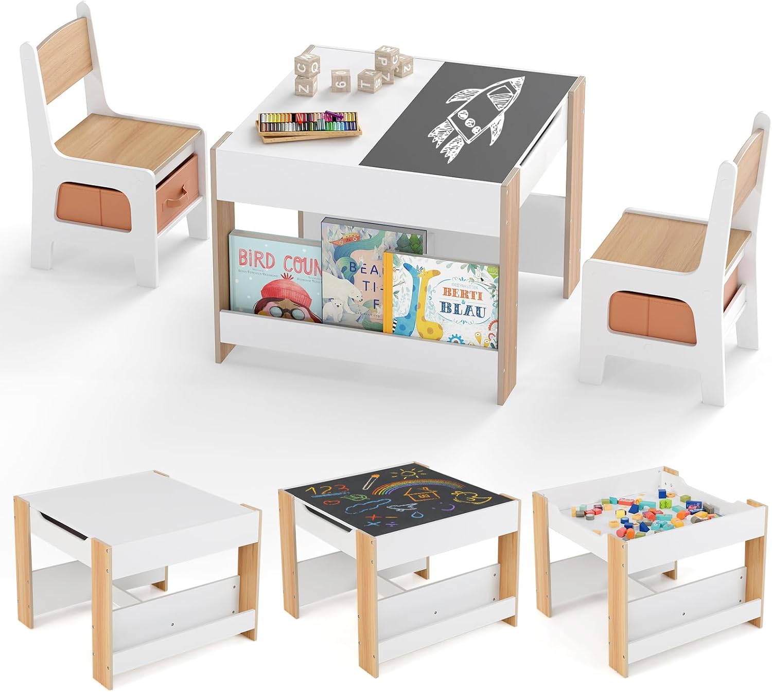 GOPLUS Table Enfant avec 2 Chaises – Table d'Activités pour 3-6 Ans avec Tableau Noir Double Face Amovible, Naturel