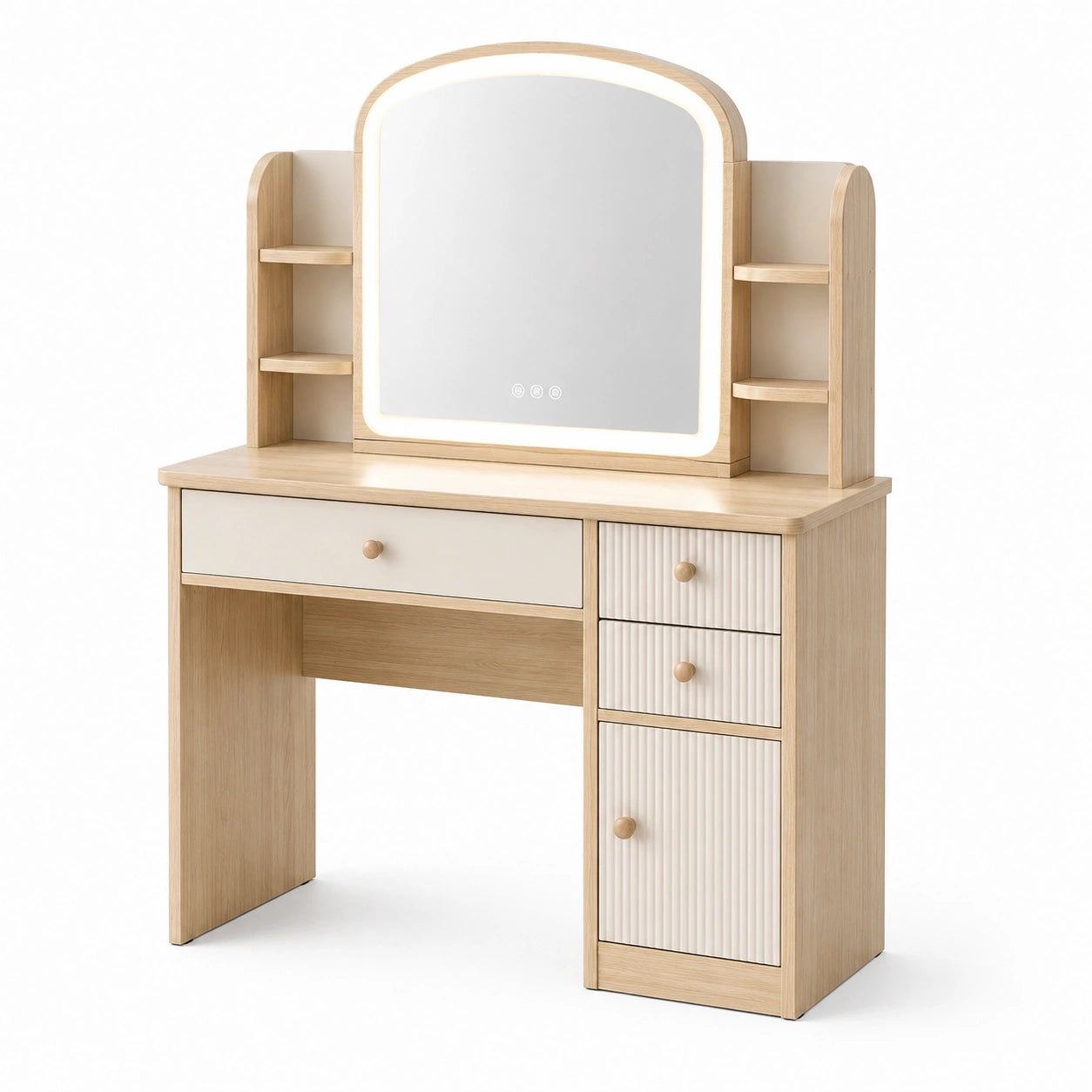 Coiffeuse en Bois de Frêne avec Miroir LED et Étagères