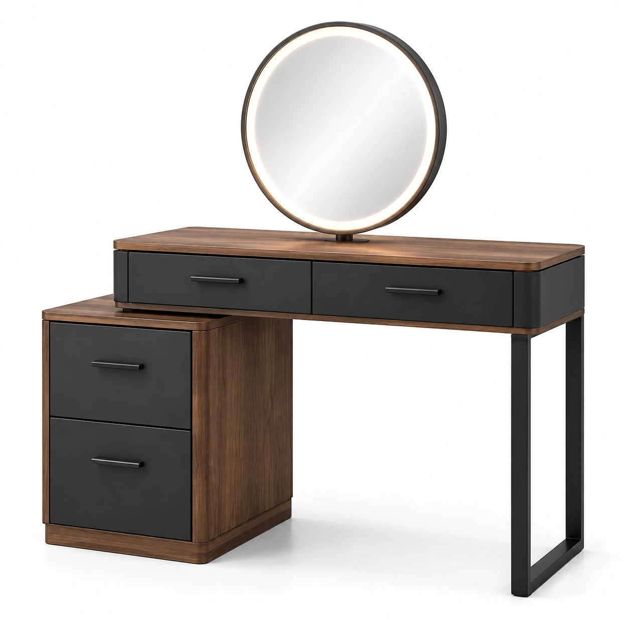Coiffeuse en bois et métal avec miroir rond à LED