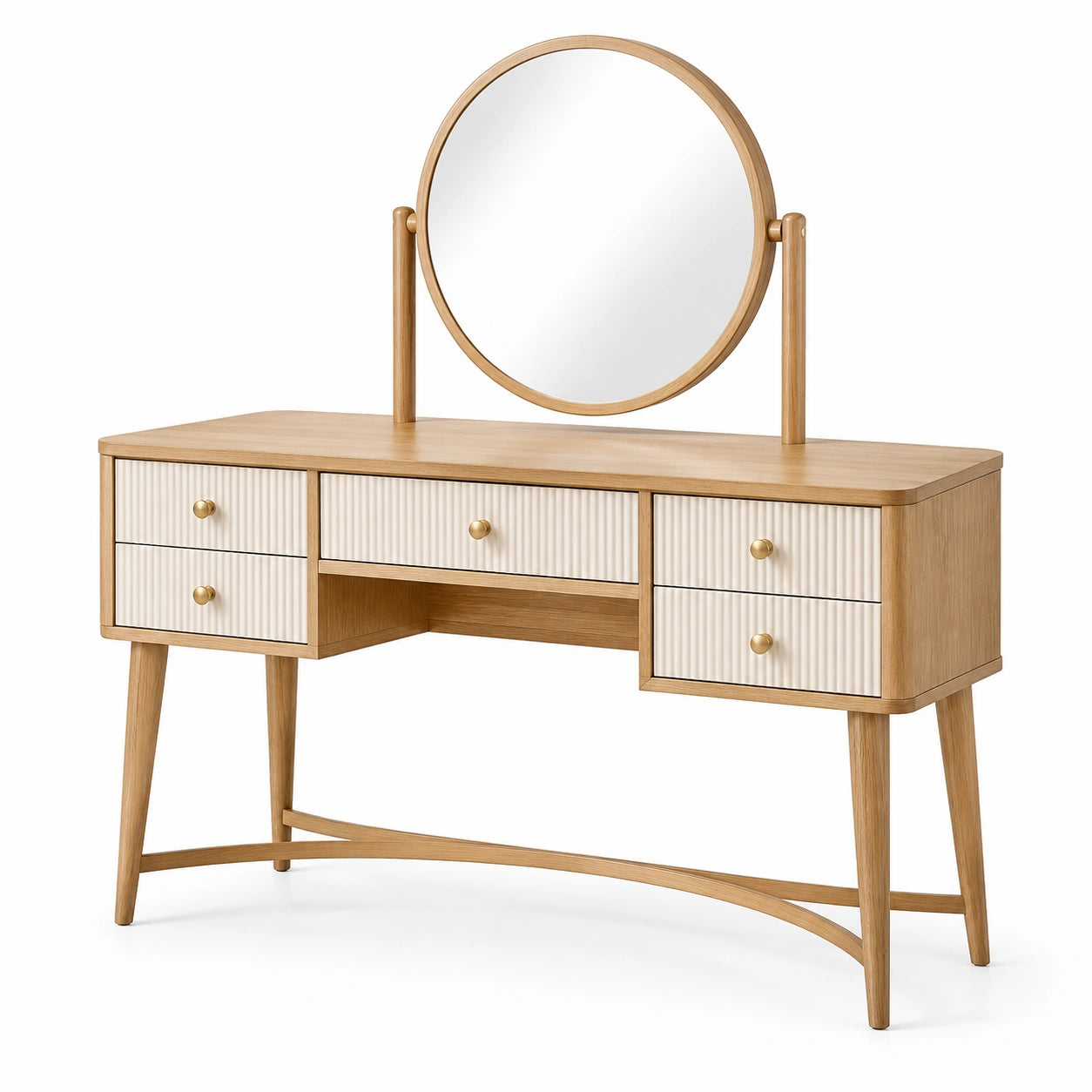 Coiffeuse en bois avec miroir rond et tiroirs en bois et ivoire