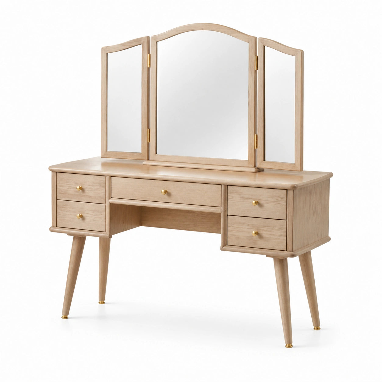 Coiffeuse en bois de chêne clair avec miroir triptyque et tiroirs
