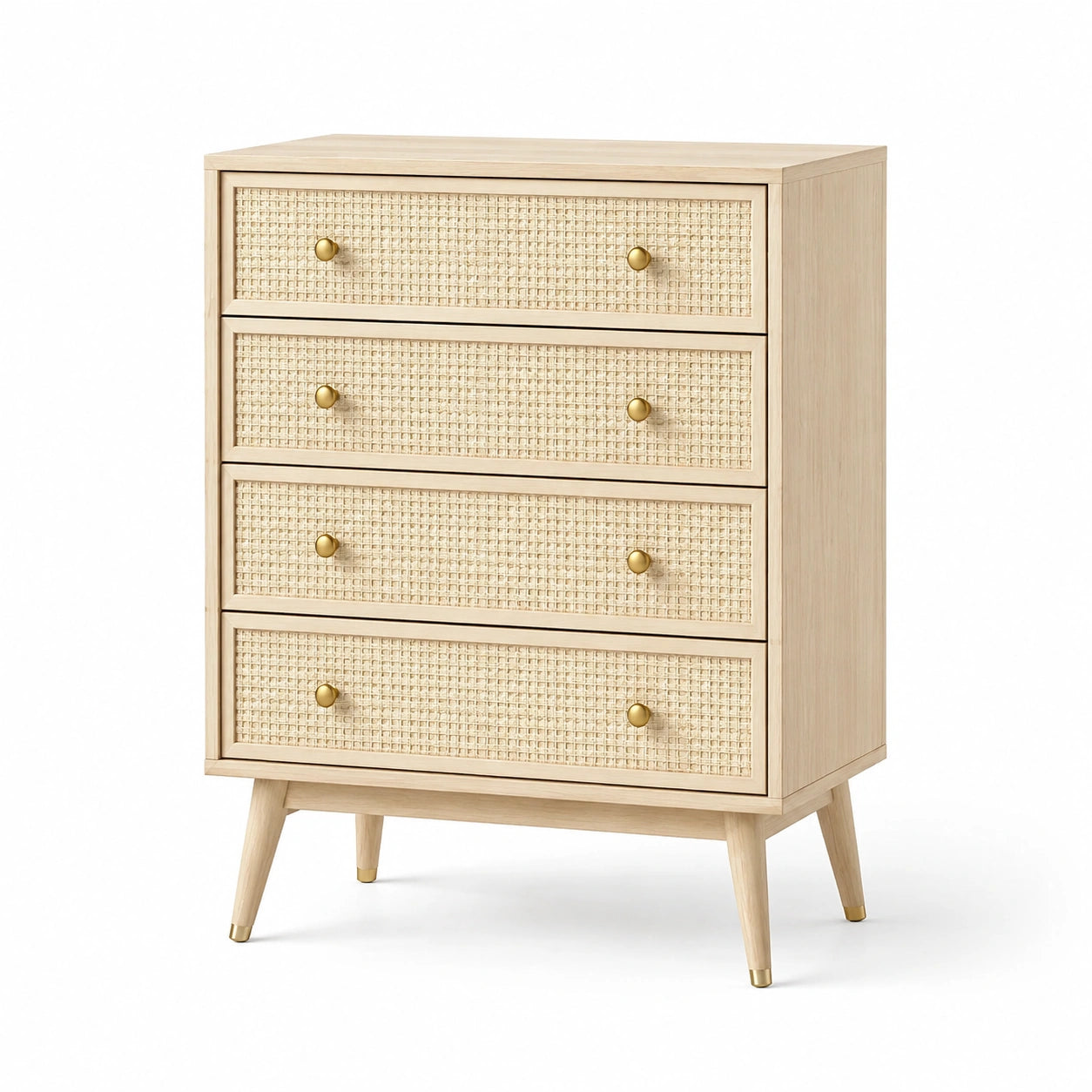 Commode en bois et rotin avec 4 tiroirs, beige