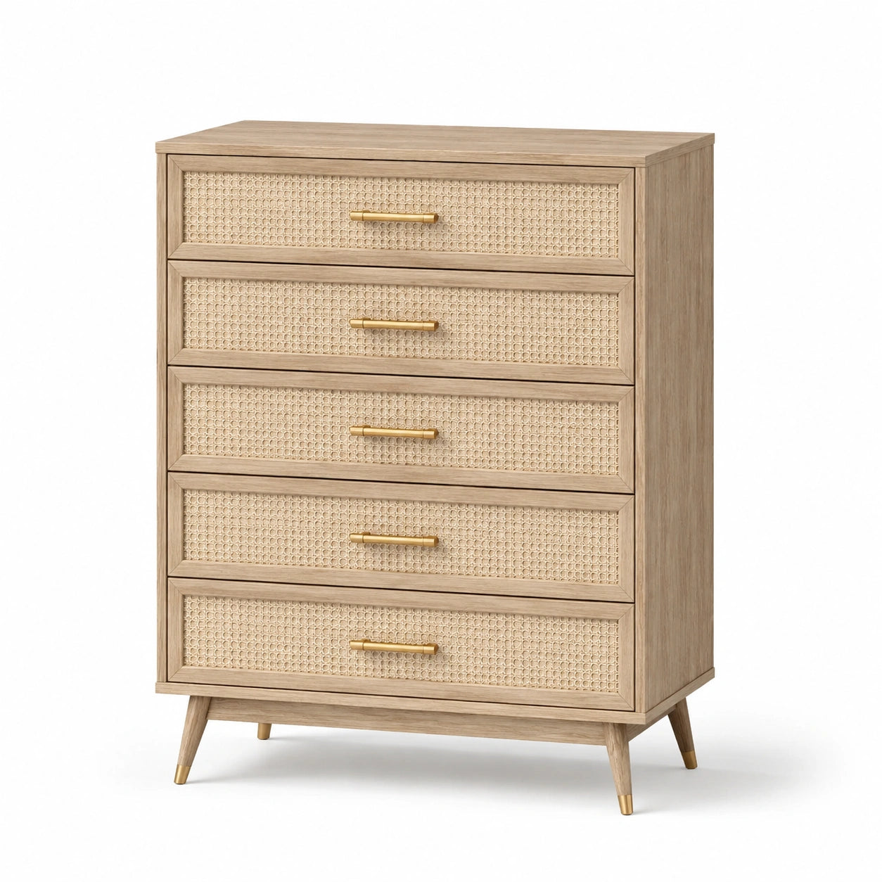 Commode en bois clair avec 5 tiroirs en rotin