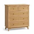 Commode en chêne et rotin avec 5 tiroirs beiges