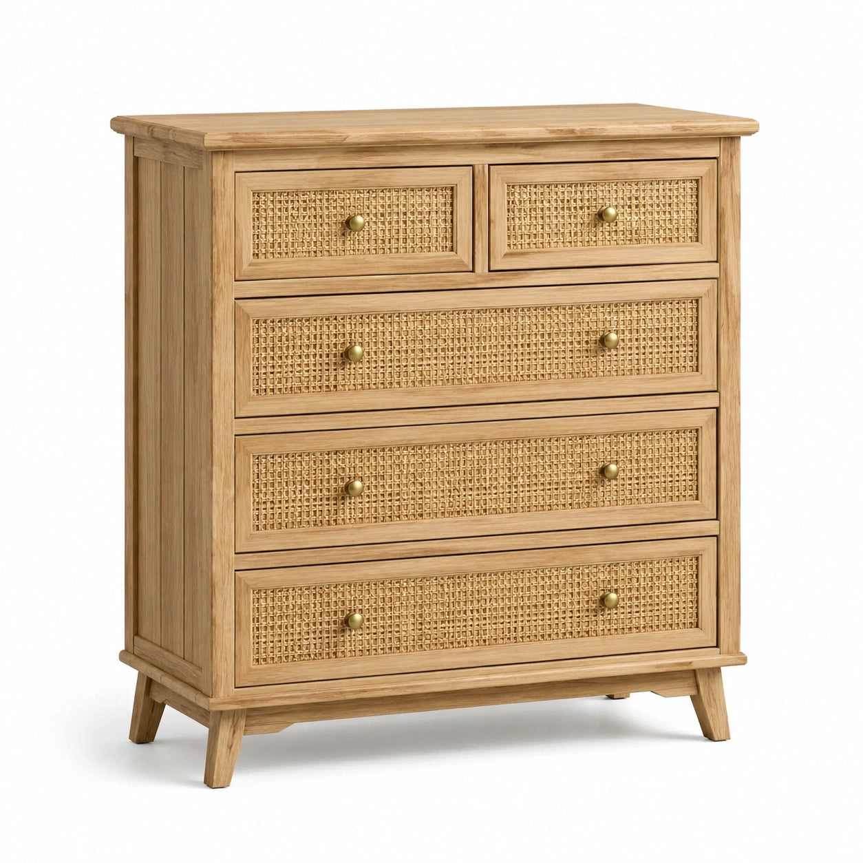 Commode en chêne et rotin avec 5 tiroirs beiges