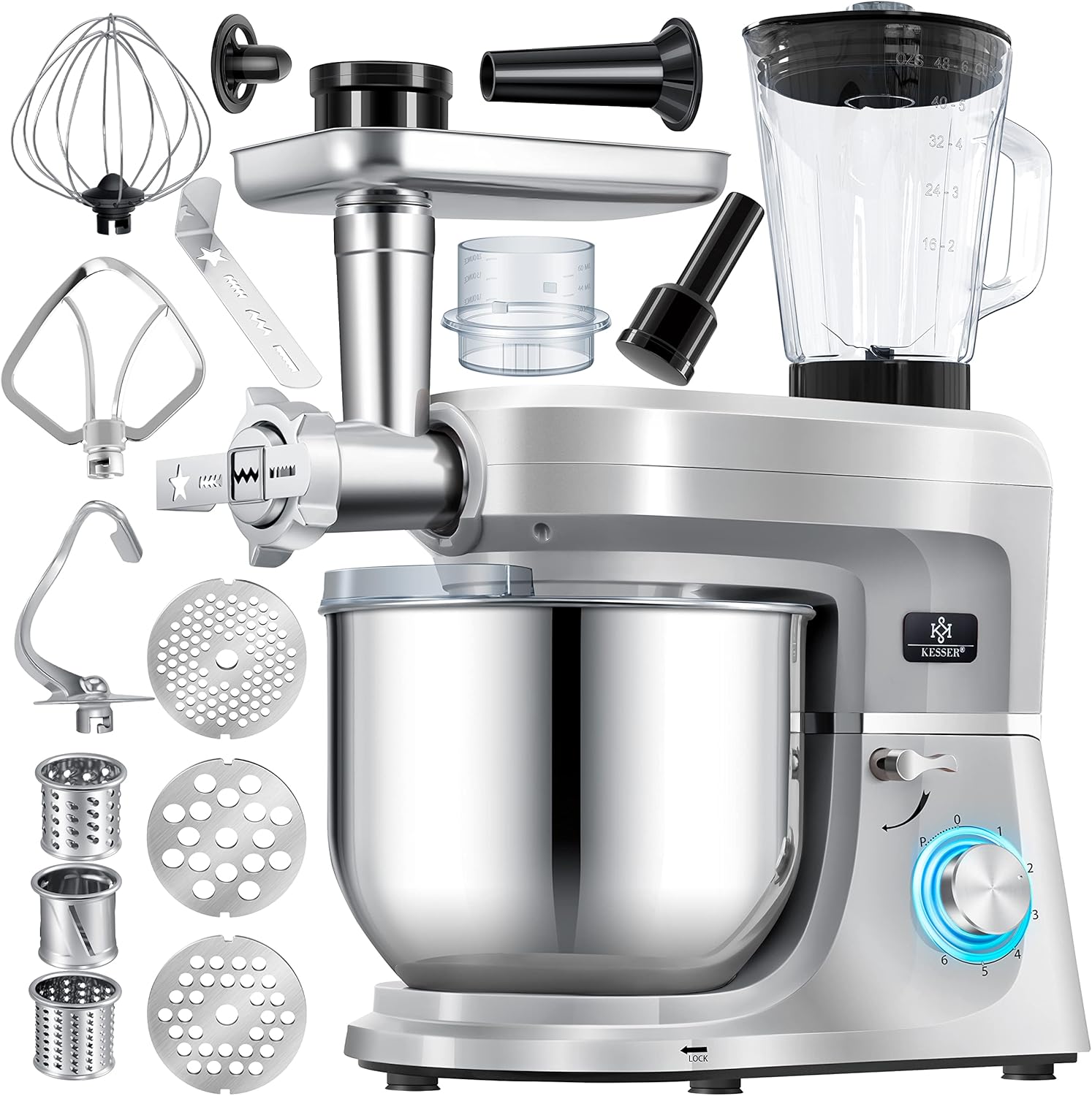 Robots multifonctions – KESSER, Robot ménager universel 3 en 1 K-KM 3 000 avec hachoir à viande, Kit pour saucisses, 5 L, pétrin, argent