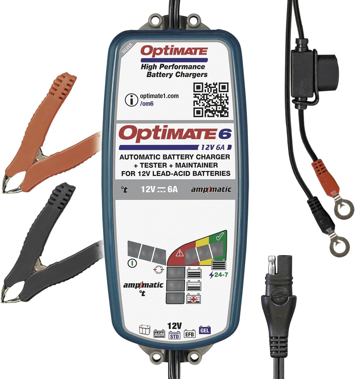 6 Ampmatic Chargeur-testeur-mainteneur avec récupération de Batterie 12 V 6 A en 9 étapes – OptiMate, Bleu/Rouge/Noir