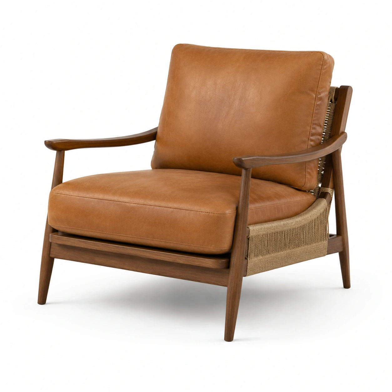 Fauteuil en cuir marron avec cadre en noyer