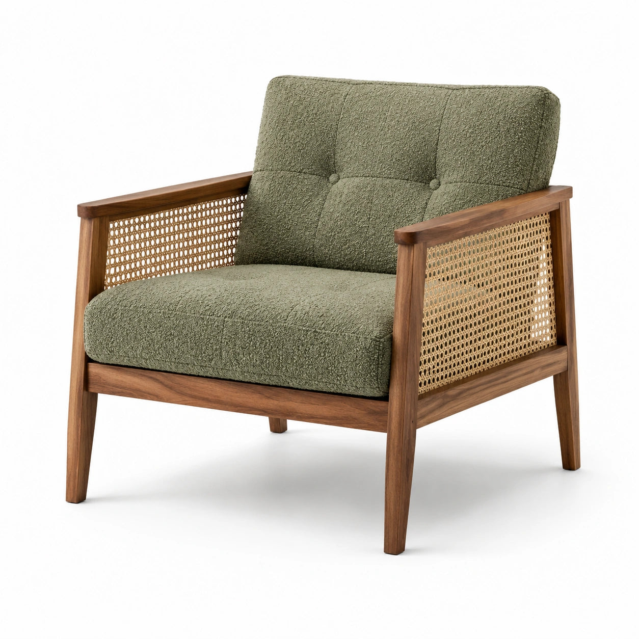 Fauteuil en bois, rotin et tissu polyester vert