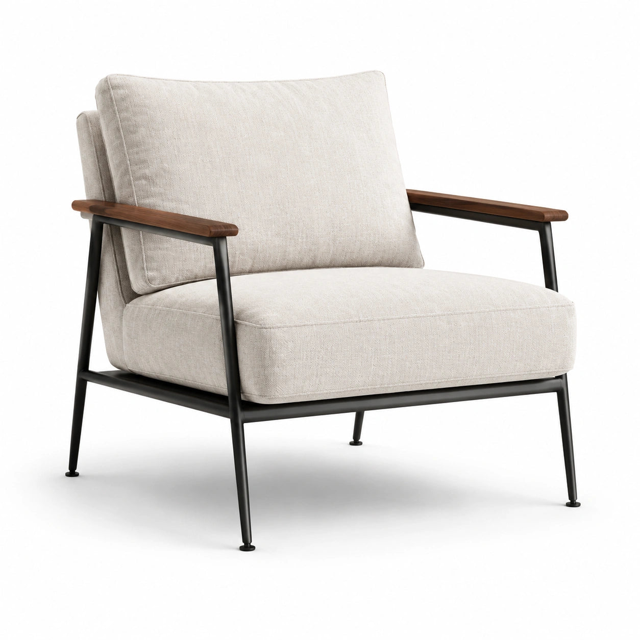 Fauteuil en métal avec coussins en lin beige et accoudoirs en bois