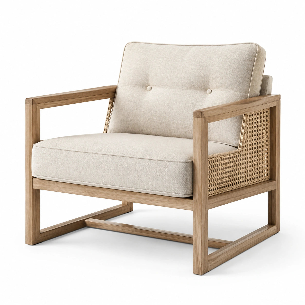 Fauteuil en bois avec accoudoirs en rotin et coussin en polyester beige