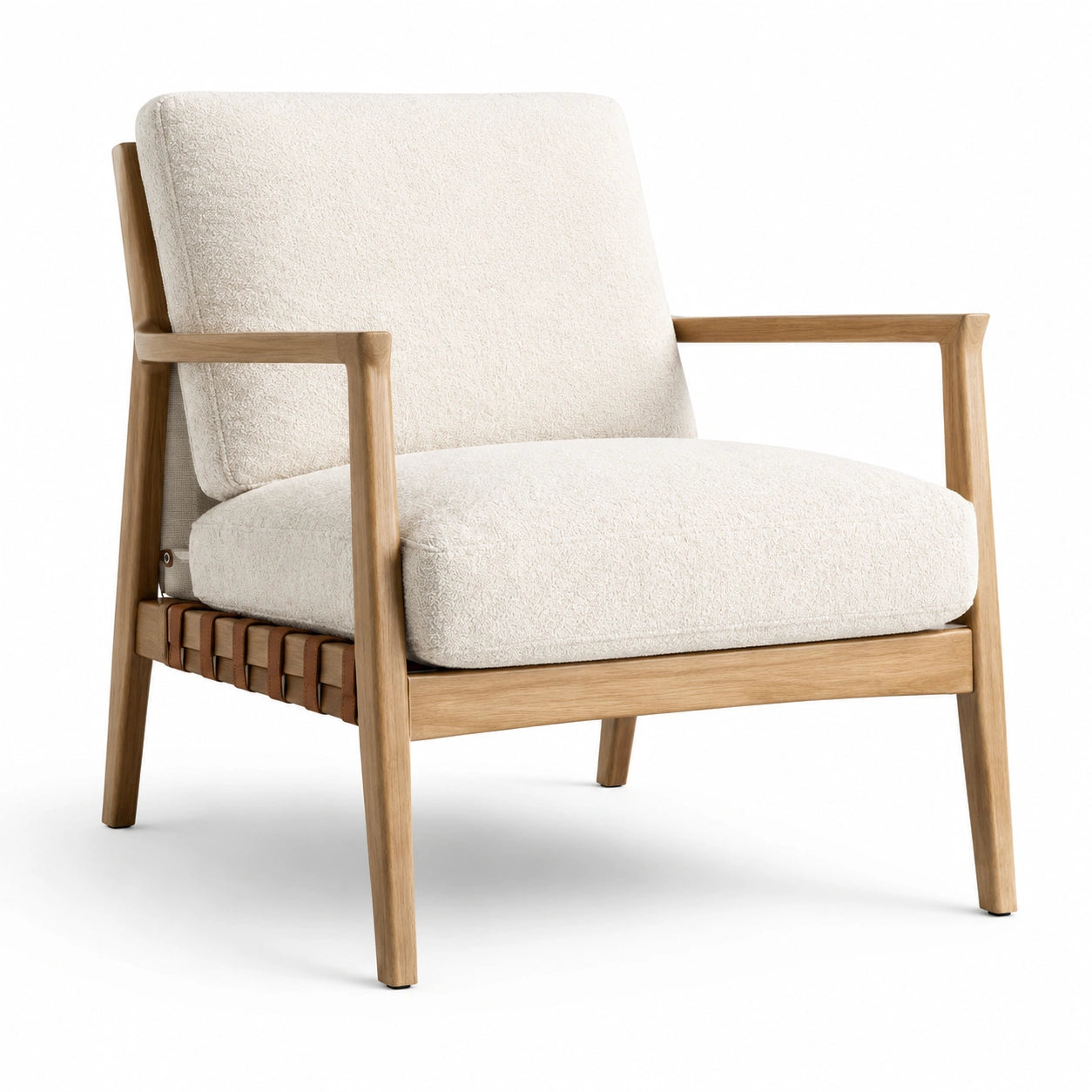 Fauteuil en bois avec coussin en tissu bouclé crème