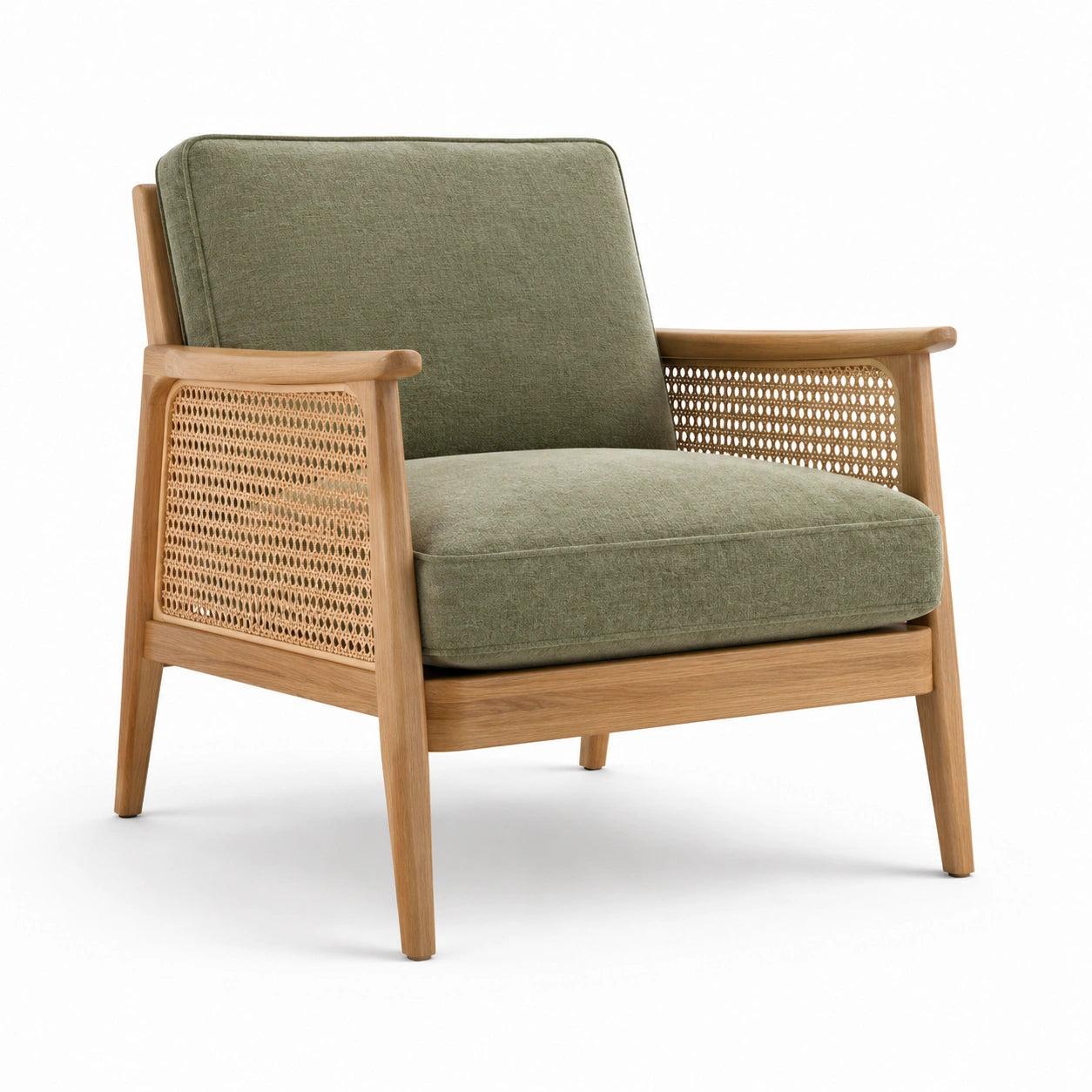 Fauteuil en bois avec cannage et coussin en lin vert