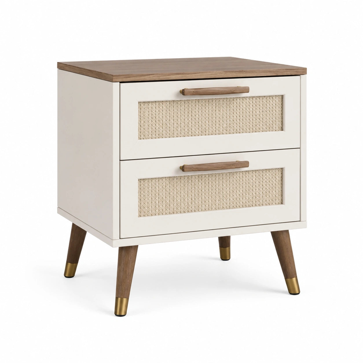 Table de chevet en bois avec tiroirs en rotin