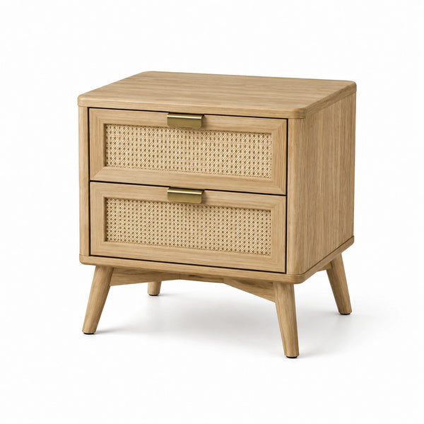 Table de chevet en bois avec tiroirs en rotin tissé