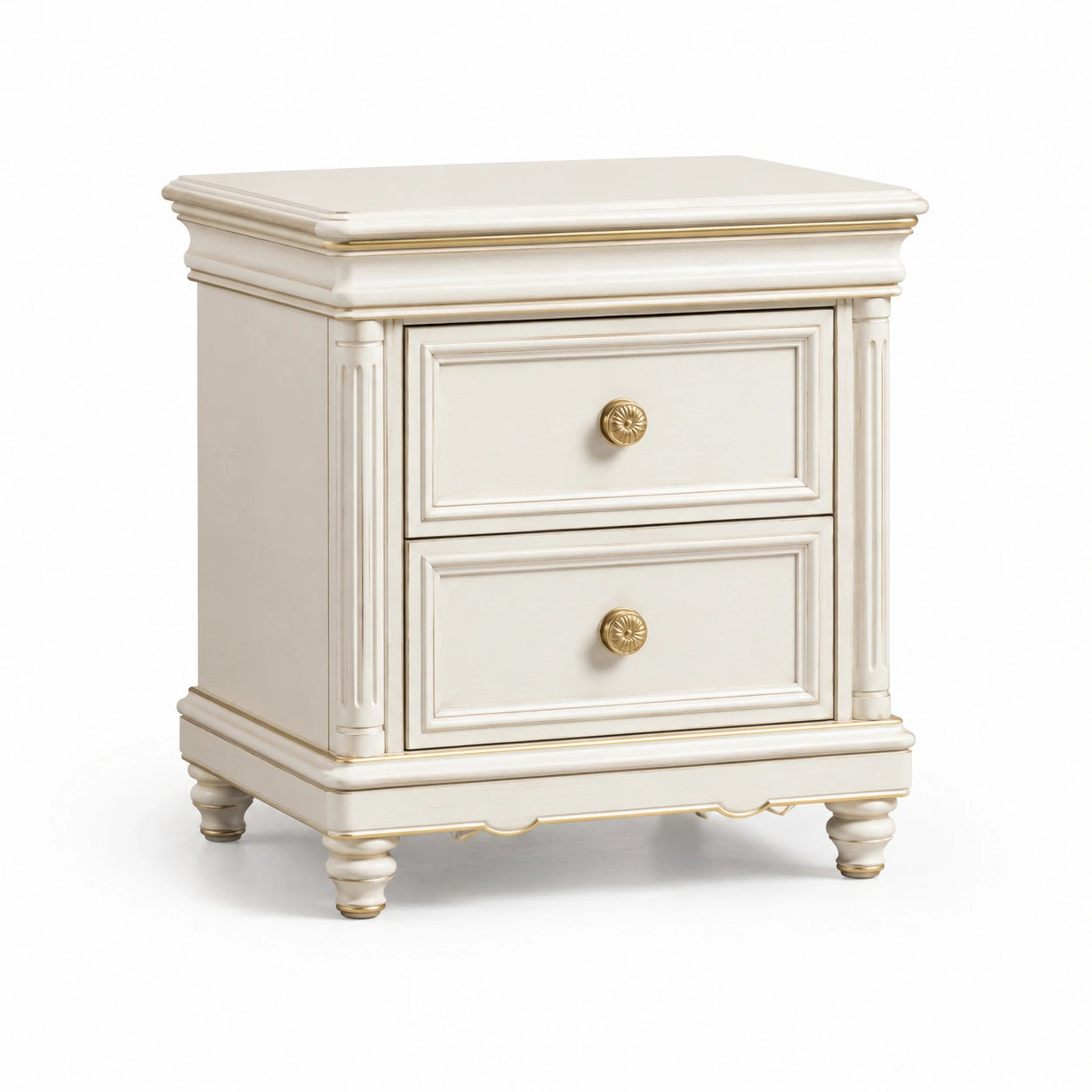 Table de chevet en bois blanc avec poignées dorées
