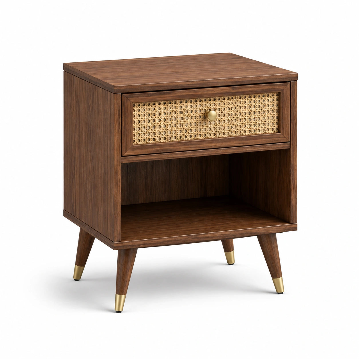 Table de chevet en bois avec tiroir en rotin et pieds métalliques 50x40x60 cm