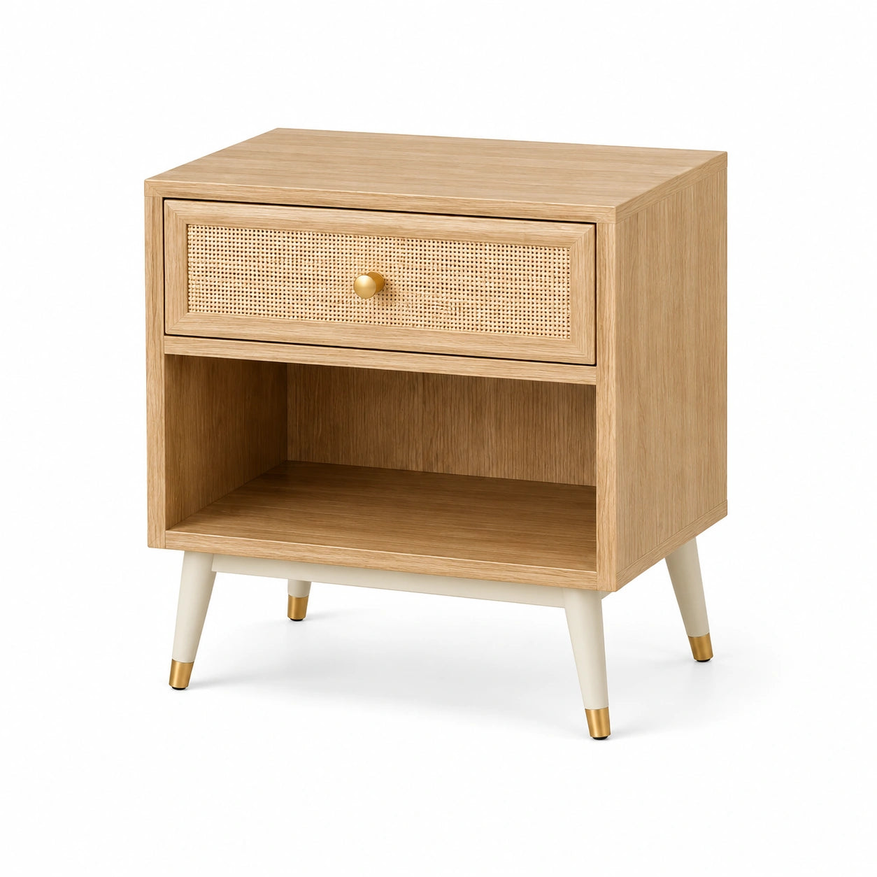 Table de chevet en bois clair et rotin 45x35x60 cm