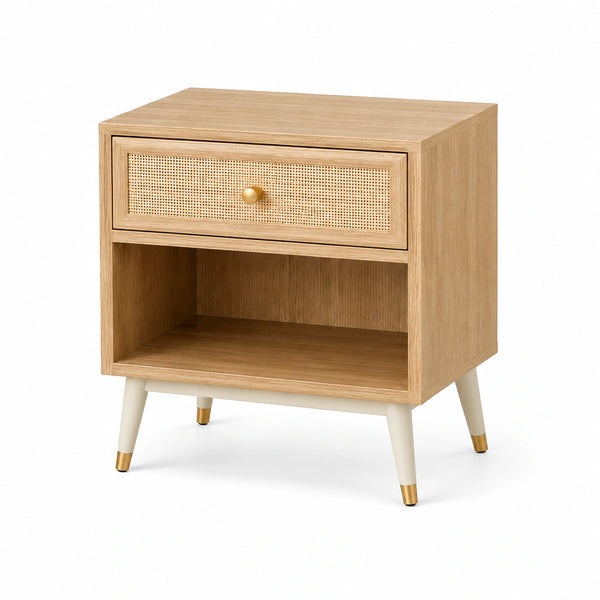 Table de chevet en bois clair et rotin 45x35x60 cm