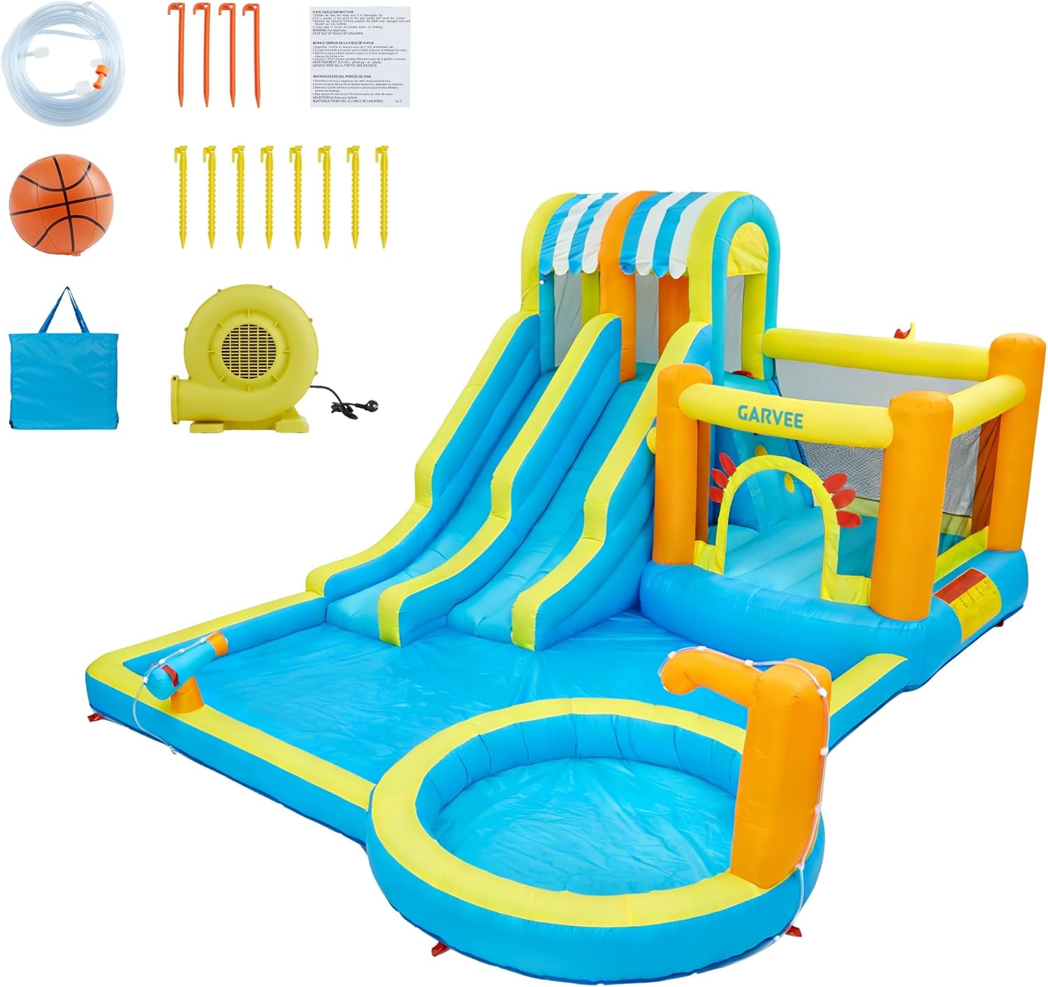 Garvee Château Gonflable avec Souffleur – 9 en 1 Parc Aquatique Gonflable avec Trampoline, Adapté pour Enfants de 3 à 12 Ans, 482 x 381 x 241cm