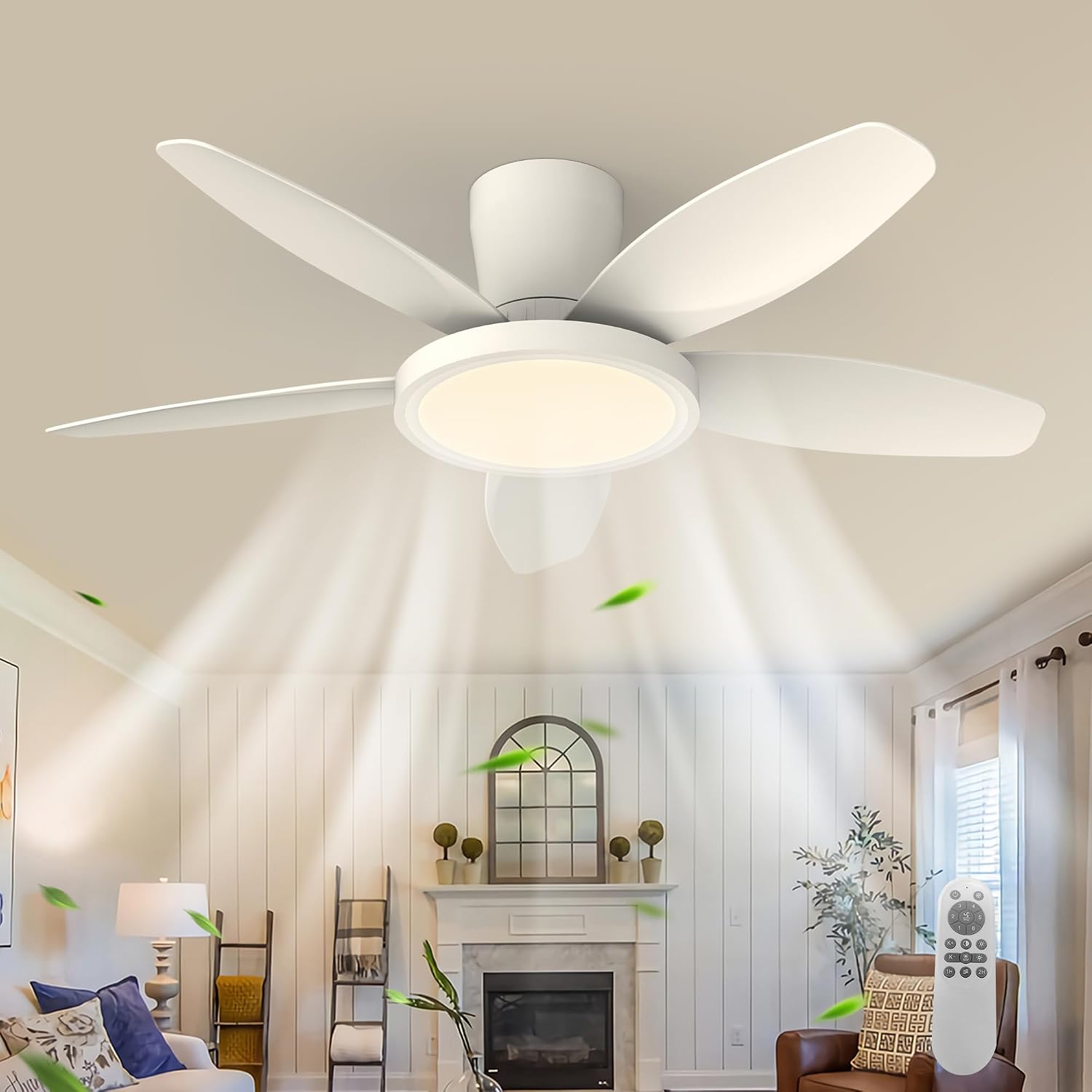 6 Vitesses – 106cm Ventilateur Plafond avec Lumière LED Silencieux, Qcyuui, Télécommande, Moteur DC Réversible, Minuterie, Blanc