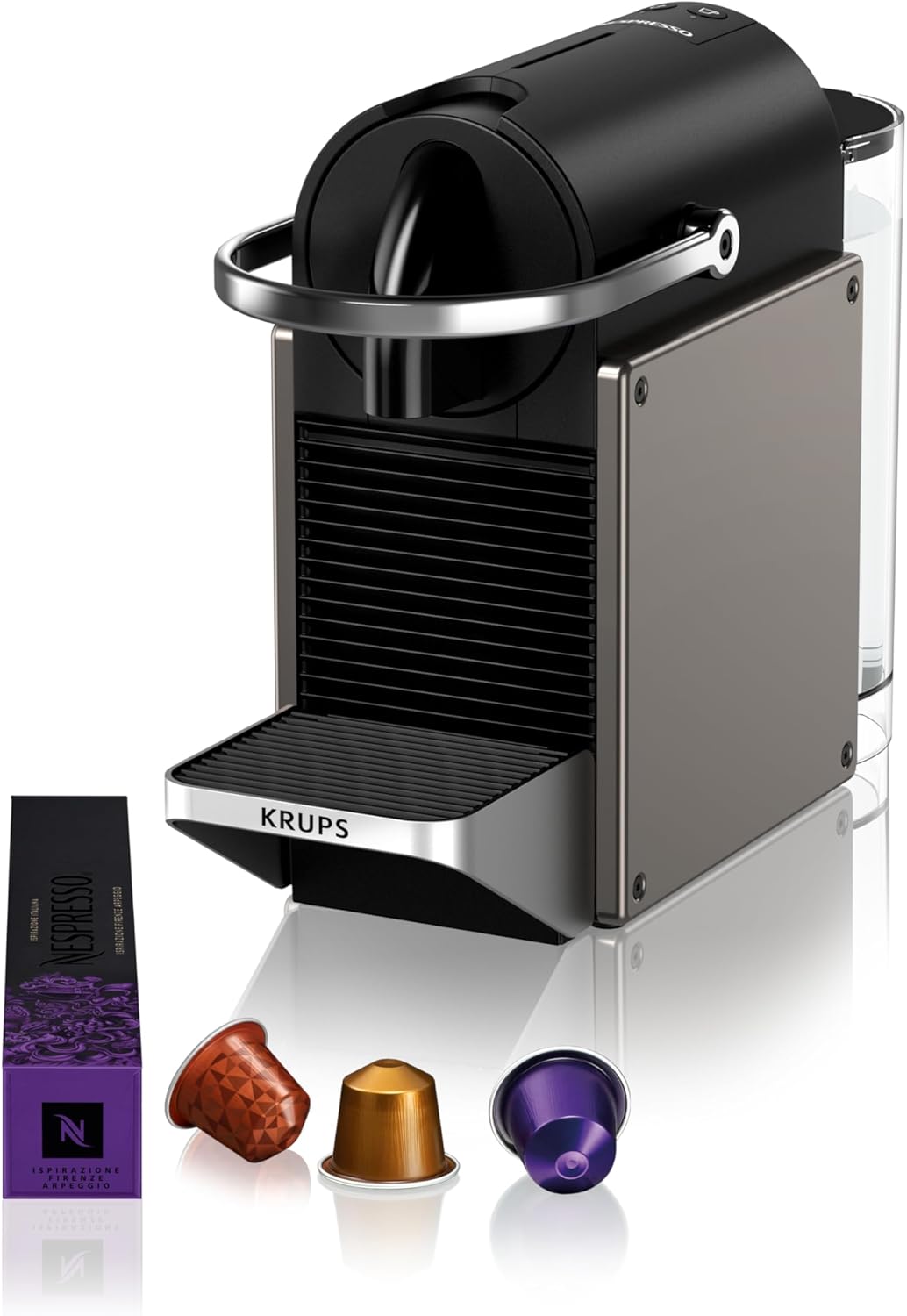 Nespresso Krups Machine à Café Pixie Titane – Cafetières à capsules, KRUPS, 19 Bars + Kit de Bienvenue, YY5290FD, Noir/Argent