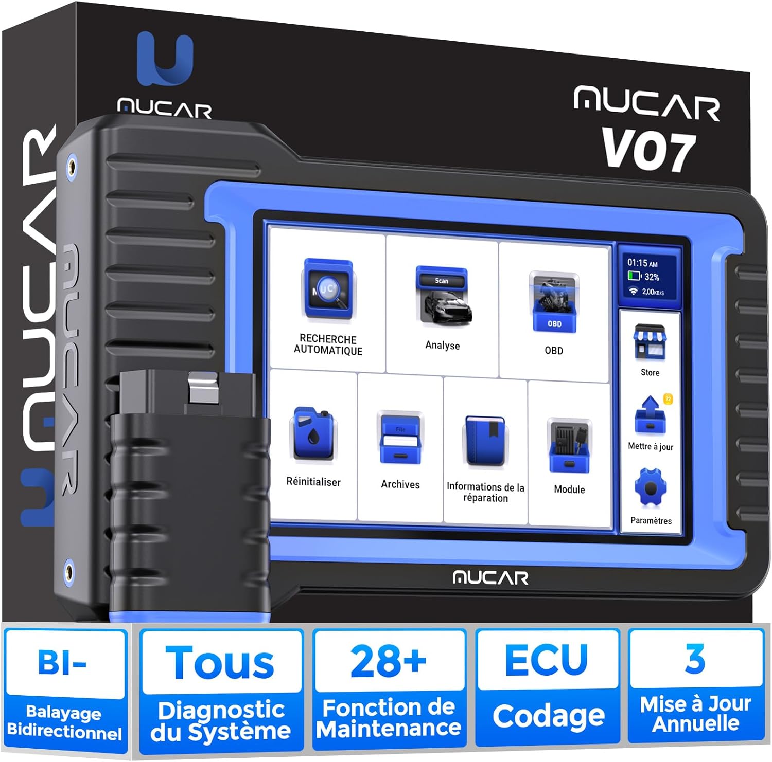 28+ Services – VO7 Valise Diagnostic Auto avec Mise à Jour Gratuite – Outils diagnostics pour système de moteur OBD-II, mucar