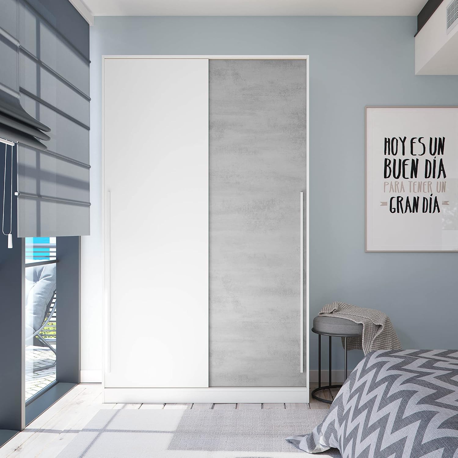 PEGANE Armoire Placard Meuble de Rangement 2 Portes coulissantes en Bois Coloris Blanc Mat et Gris – Blanc/Gris