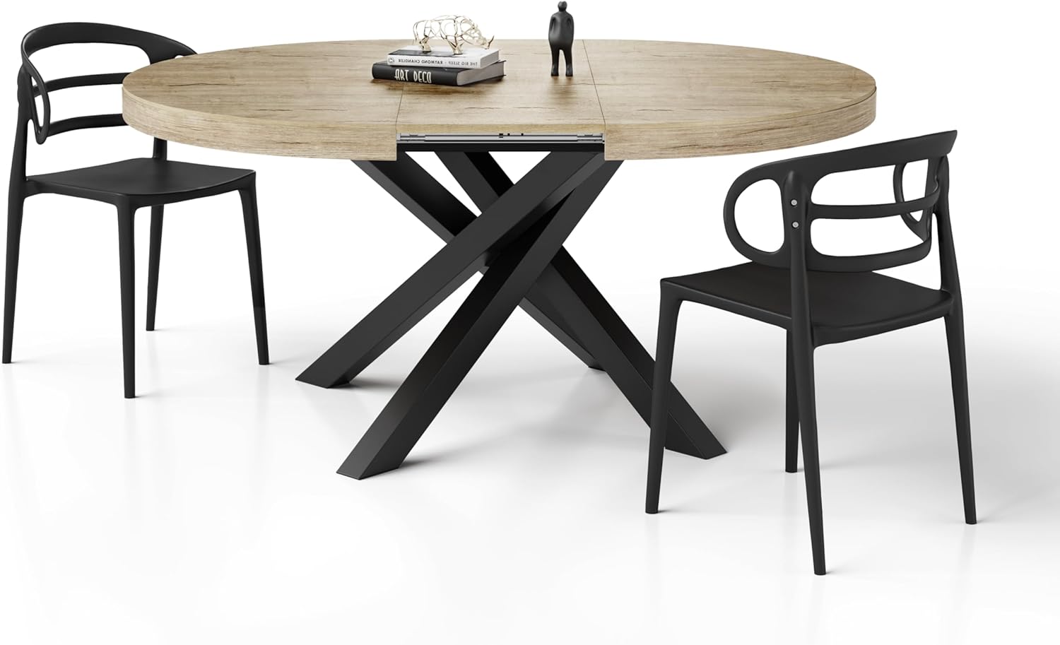 Tables – MOBILI FIVER, Table Ronde Extensible Emma, pour 4-6 Personnes, 120-160 cm, avec Pieds Noirs croisés, Chêne Naturel, Salon