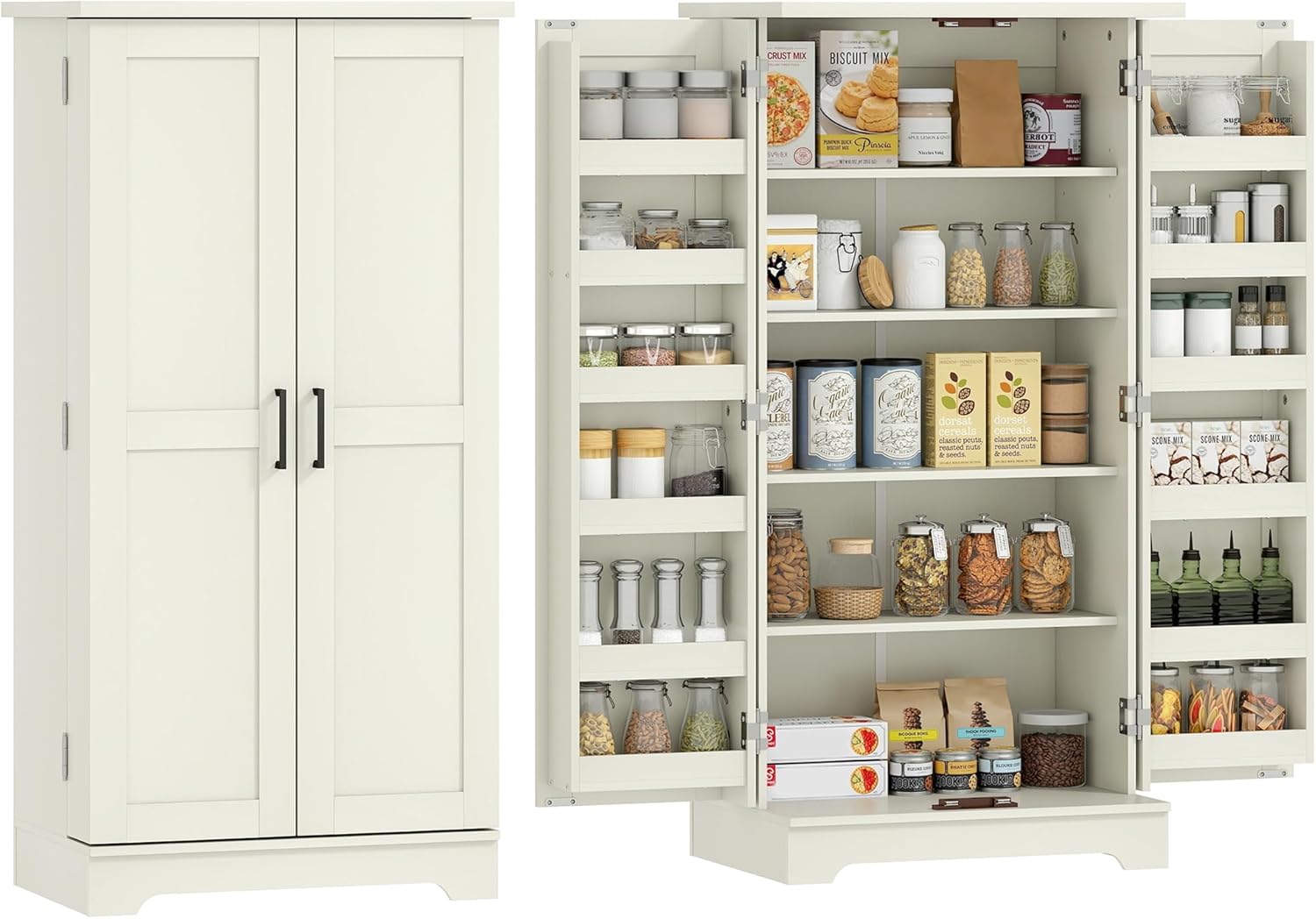 5 Niveaux – Buffet Cuisine – Buffets, crédences et vaisseliers, HOMCOM, avec Portes et étagères réglables, 60 x 40 x 120 cm, crème